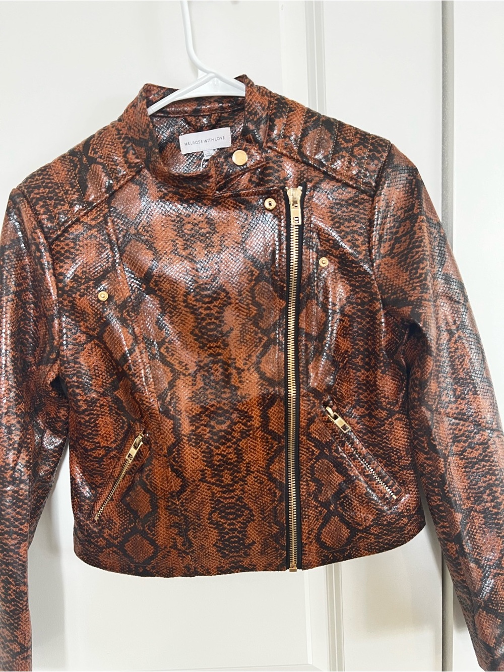 Melrose With Love Women's Brown Snake-Print Moto Jacket Faux Leather